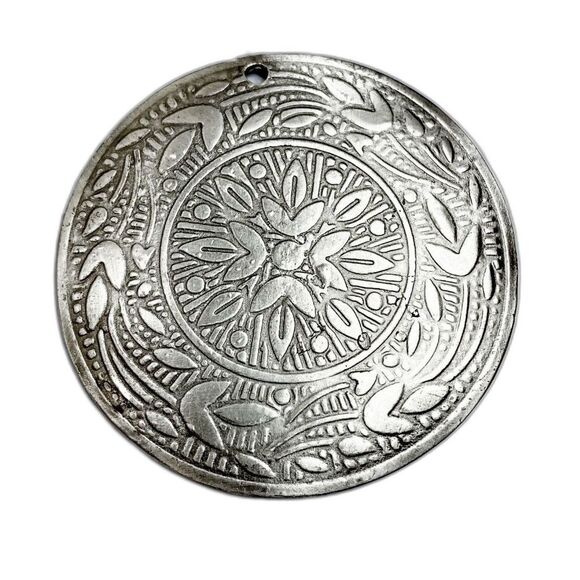Vintage Silver w Grey Printed Design Medalion Pendant - Picture 1 of 2